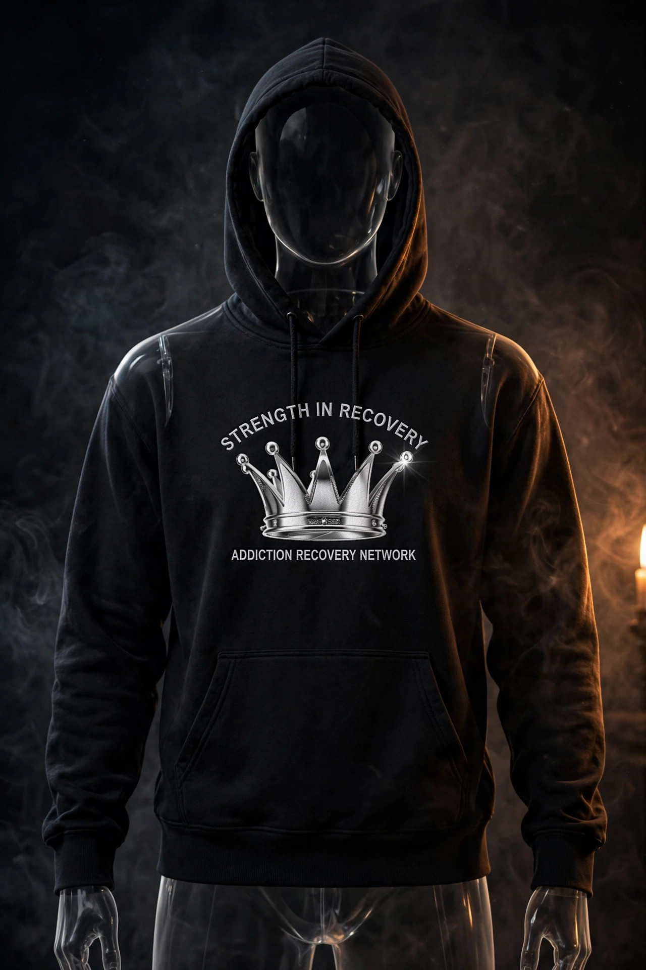 Strength in Recovery black hoodie with chrome crown