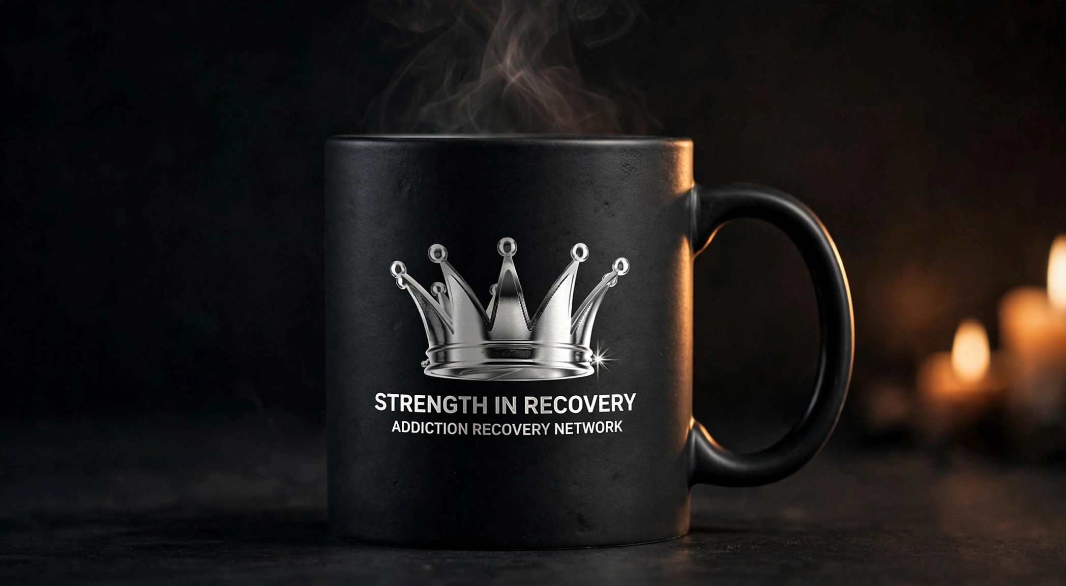 Strength in Recovery black ceramic mug with crown