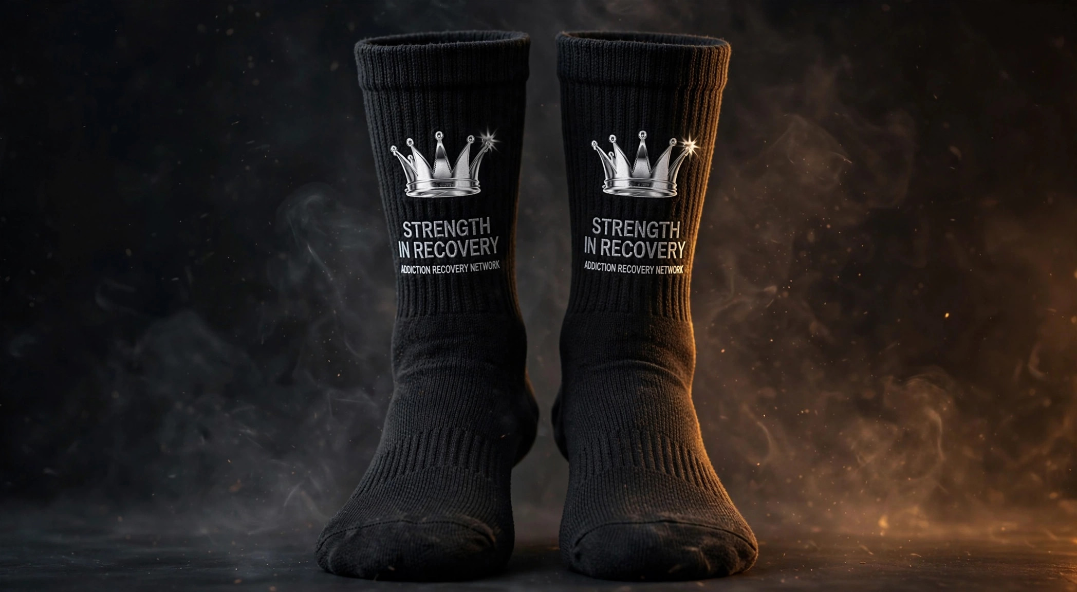 Strength in Recovery black crew socks with crown