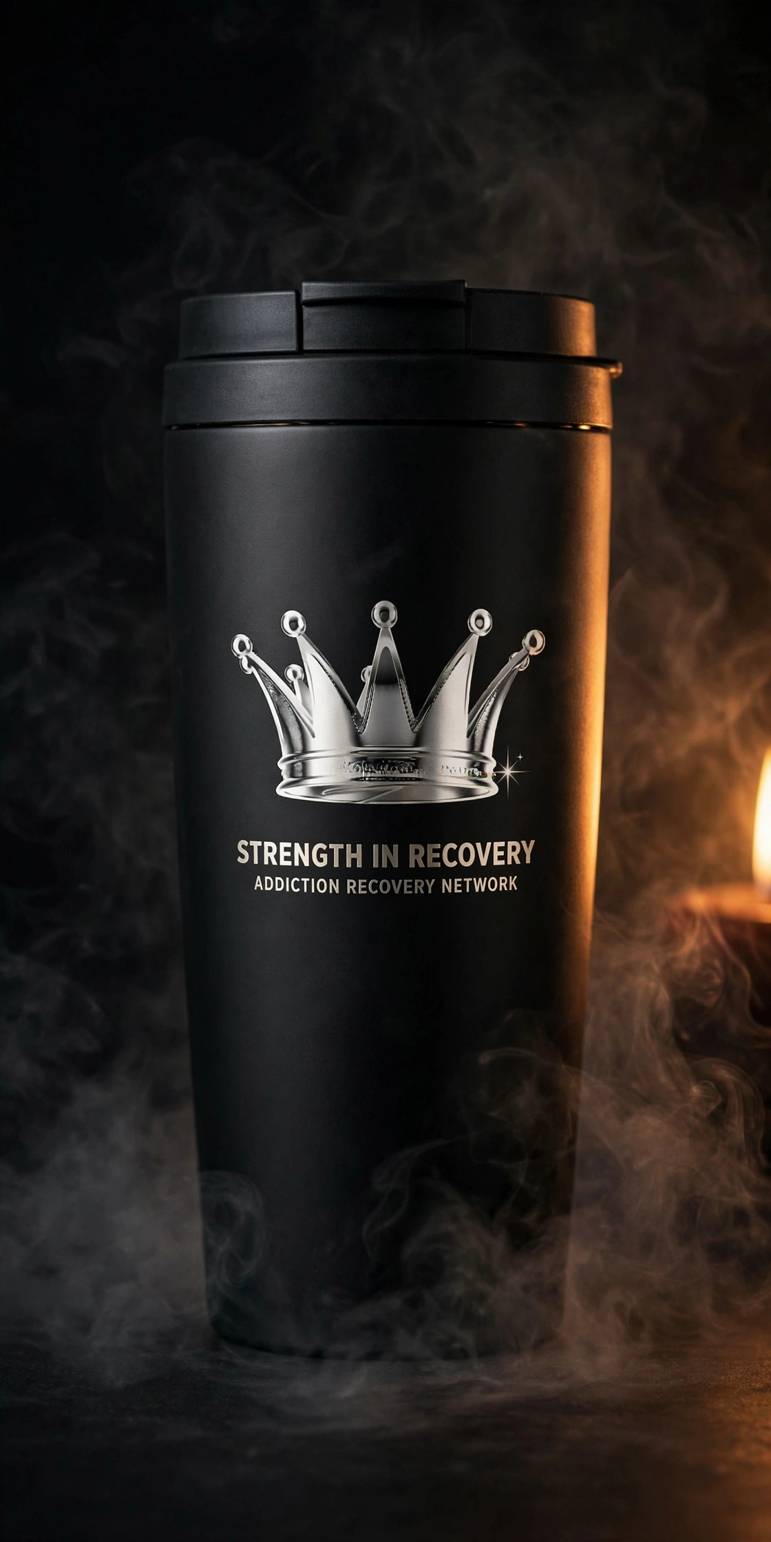 Strength in Recovery black travel tumbler with crown
